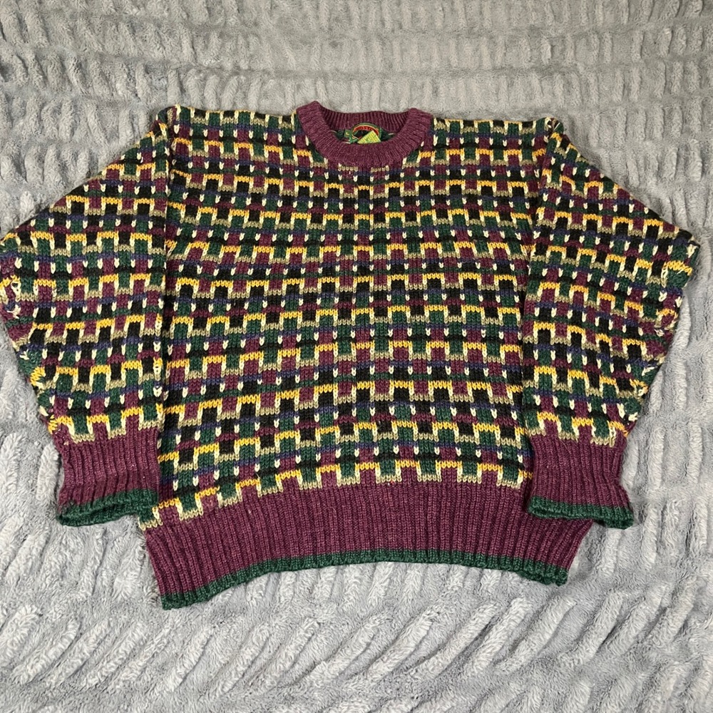Boston Traders Men Large Wool Sweater Geometric Fair Isle Purple Green 0541HK83W